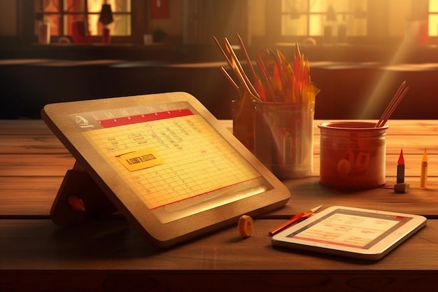 A detailed digital calendar or planner on a tablet, showing various scholarship deadlines and application tasks, with a pair of glasses and a pen resting next to it, conveying the importance of meticulous organization and planning.