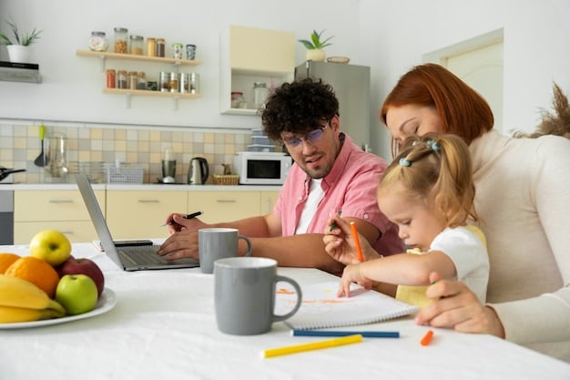 A family, including parents and two children, sitting around a kitchen table, looking at financial documents and a laptop, discussing their education savings plan.