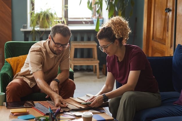 Two admissions counselors reviewing diverse student applications on a table, including portfolios, essays, and traditional transcripts, symbolizing holistic review.