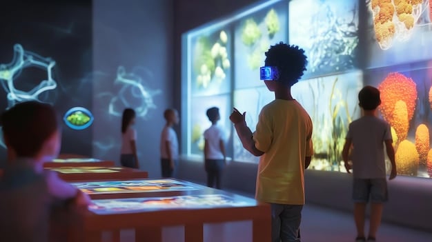 A futuristic classroom setting with students interacting with holographic projections and AI-powered interfaces, symbolizing the integration of advanced technologies in education.