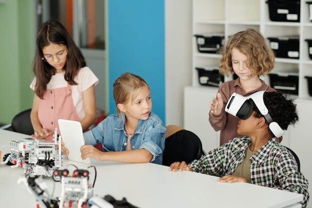 A group of excited middle school students building and coding a small robot in a bright, modern classroom setting during a summer STEM camp.
