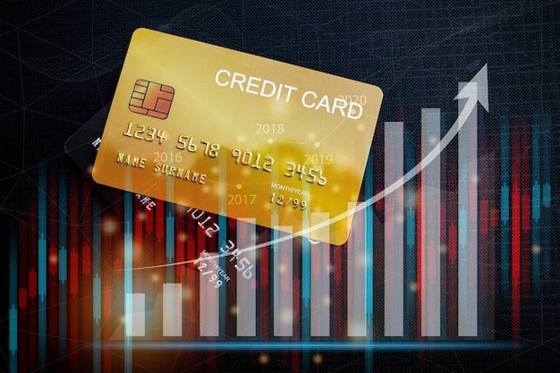 A close-up of a credit card statement with rising interest figures, overlaid with a graph showing an upward trend in interest rates.