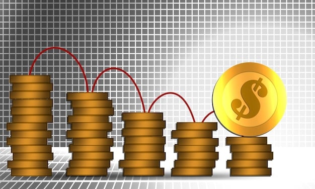 A chart showing a rapidly climbing interest rate line alongside stacks of coins and dollar bills, representing increased savings returns.