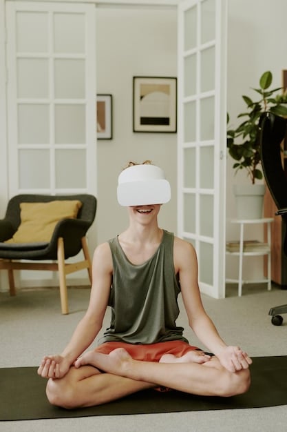 A person wearing a sleek, modern biofeedback headband, gently meditating in a calm, minimalist room. The device emits a soft, subtle glow, indicating active monitoring.