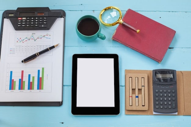 A detailed flat lay of financial documents, a calculator, a pen, and a tablet displaying investment graphs, signifying meticulous planning and tax considerations for educational savings.