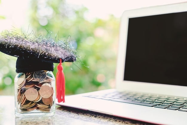 A person calculating savings on a tablet, with a graduation cap and textbooks in the background, symbolizing financial planning for education.
