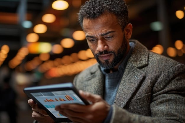 A person thoughtfully analyzing their bank statements on a tablet, with various financial charts and graphs visible in the background, symbolizing careful budget management.