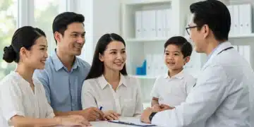 Family consulting with doctor during annual wellness check-up