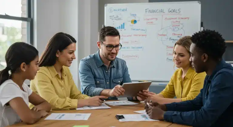 Family learning about financial planning with an instructor