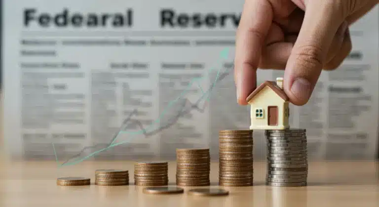 Hand placing miniature house on coin stack with financial charts, symbolizing Federal Reserve interest rate impact on mortgages.