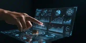 Futuristic AI budgeting dashboard showing savings growth and expense reduction