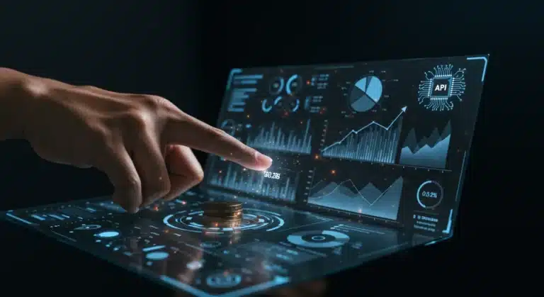 Futuristic AI budgeting dashboard showing savings growth and expense reduction