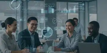 Professionals collaborating in a modern office with positive job market data