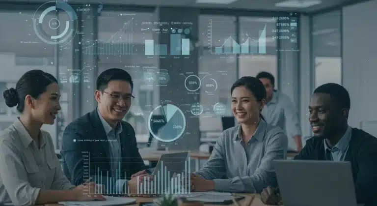 Professionals collaborating in a modern office with positive job market data