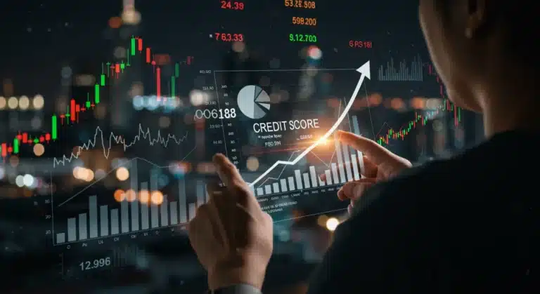 Person analyzing credit report with FICO score increase