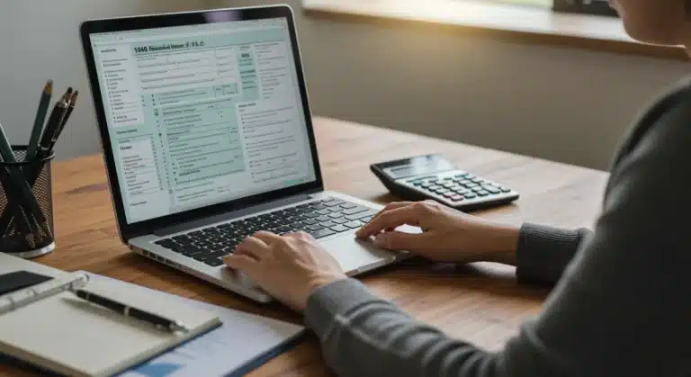 Person analyzing IRS tax forms and calculator for 2026 tax bracket changes