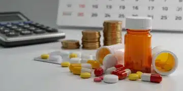 Assortment of prescription drug bottles and pills with a calendar showing 2026, symbolizing future drug cost changes.