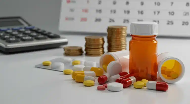 Assortment of prescription drug bottles and pills with a calendar showing 2026, symbolizing future drug cost changes.