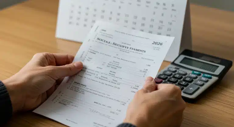 Hands holding Social Security statement with 2026 calendar and calculator