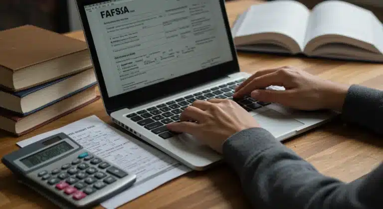 Student applying for FAFSA on laptop with financial aid forms