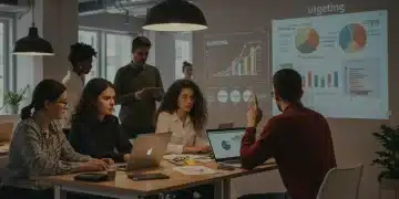 Young adults engaging with financial education resources in a modern setting