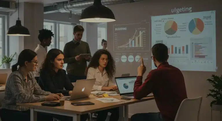 Young adults engaging with financial education resources in a modern setting